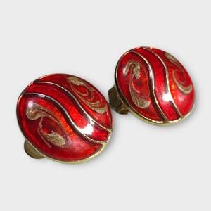 Vintage Red Enamel Clip-On Earrings – Gold Tone Swirl Design, Round 1”